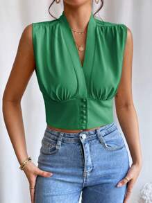 SHEIN Privé Camisa sin manga fruncido con botón delantero