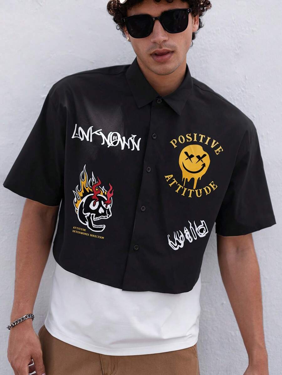 FeverCity 寬鬆版型男士卡通字母印花襯衫，鈕扣塗鴉襯衫，適用於外出穿著/男友禮物 - 黑色 - 查看 1