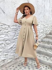 SHEIN Clasi 大碼前紐扣泡泡袖連衣裙 - 杏色 - 查看 6