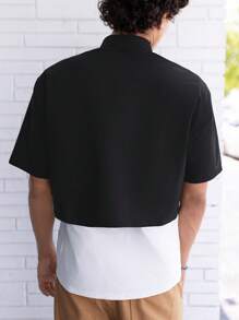 FeverCity 寬鬆版型男士卡通字母印花襯衫，鈕扣塗鴉襯衫，適用於外出穿著/男友禮物 - 黑色 - 查看 2