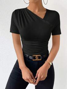 SHEIN Frenchy 素色側收褶不對稱領T恤 - 黑色 - 查看 6