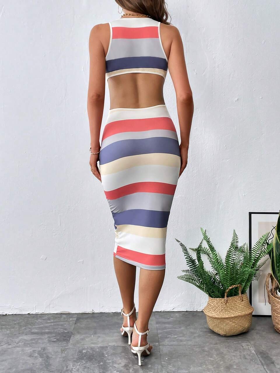 Striped Print Cut Out Backless Bodycon Dress