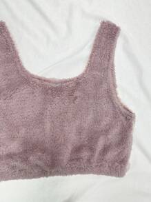 水牛格纹法兰绒背心短裤家居服套装，秋冬服装，舒适保暖，蓬松柔软 - 藕粉色 - 查看 3
