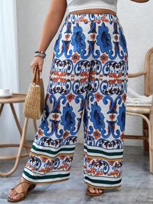 SHEIN VCAY 大碼印花闊腿褲 - 彩色 - 查看 1