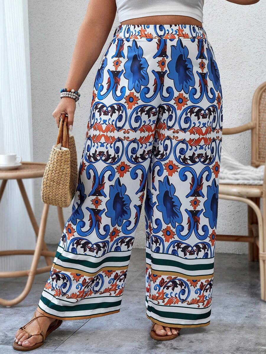 SHEIN VCAY 大碼印花闊腿褲 - 彩色 - 查看 1