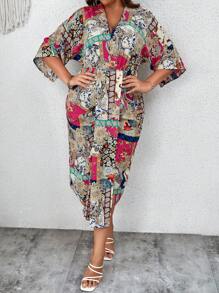 SHEIN VCAY Talla grande Vestido con estampado floral de manga murciélago - Multicolor - Ver 3