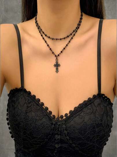 Goth 2pcs Fashion Zinc Alloy Cross Charm Necklace For Women For Daily Decoration