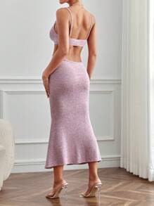 SHEIN PETITE 腰部鏤空魚尾裙下擺吊帶連衣裙 - 粉色 - 查看 2