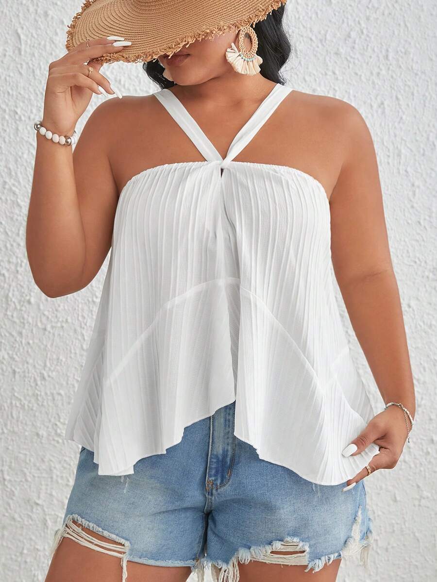 SHEIN VCAY Hơn Chất rắn Plisse Cami ngọn - trắng - Xem 1