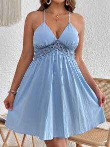 SHEIN VCAY Đầm Plus Size Lộ Lưng Tương phản ren Buộc lại màu trơn Gợi cảm - Màu xanh nhạt - Xem 5