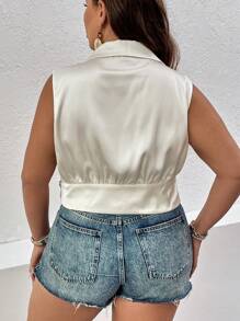 SHEIN Unity 大碼青果領圍裹側打結無袖襯衫 - 白色 - 查看 2