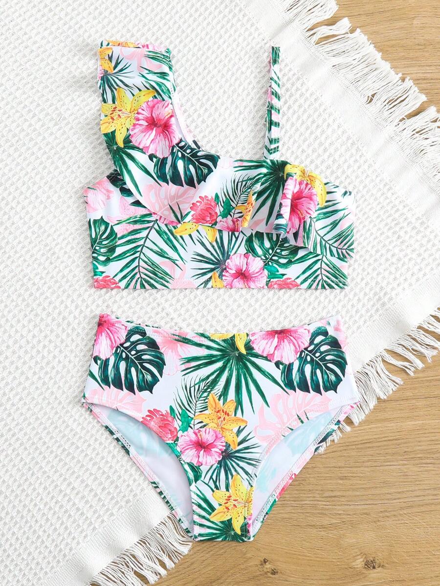 Young Girls' Summer Swimsuit Cami Top And Bottom Set, With Floral Print, Ruffled Hem And Colour Block Detail - Multicolor - View 1