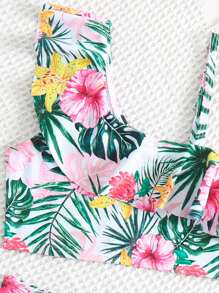 Young Girls' Summer Swimsuit Cami Top And Bottom Set, With Floral Print, Ruffled Hem And Colour Block Detail - Multicolor - View 3