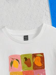 Vitoria Brayner Fruit Print Drop Shoulder Crop Tee - White - View 3