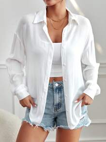 SHEIN PETITE Solid Drop Shoulder Button Front Shirt
