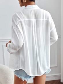 SHEIN PETITE Solid Drop Shoulder Button Front Shirt