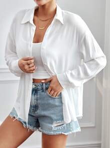 SHEIN PETITE Solid Drop Shoulder Button Front Shirt