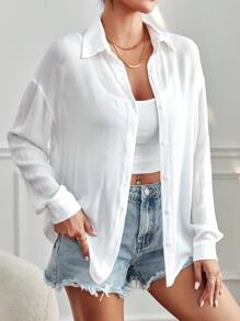 SHEIN PETITE Solid Drop Shoulder Button Front Shirt
