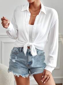 SHEIN PETITE Solid Drop Shoulder Button Front Shirt