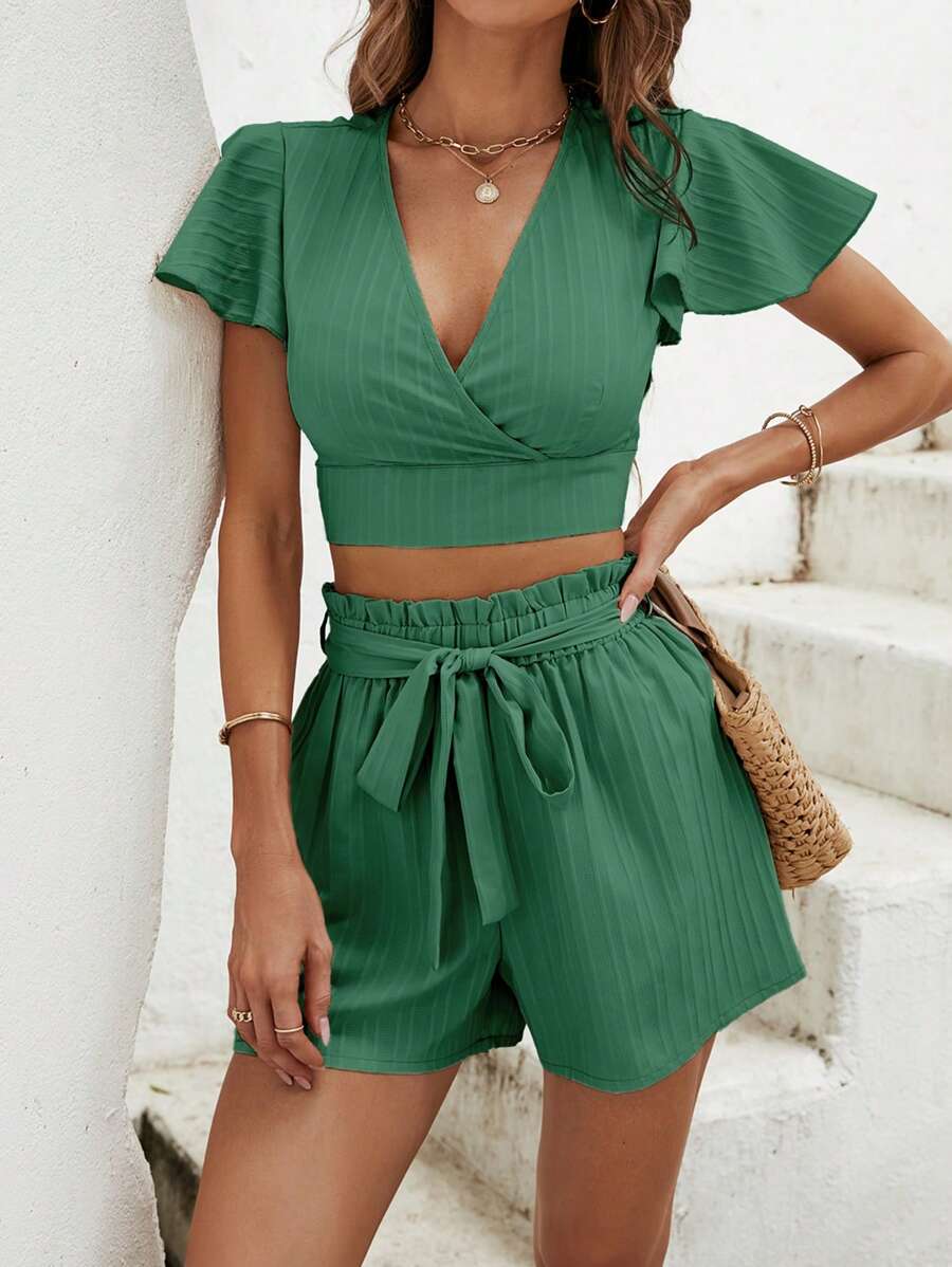 SHEIN Frenchy 蝴蝶袖短款上衣和紙袋腰附腰帶短褲 - 薄荷綠 - 查看 1