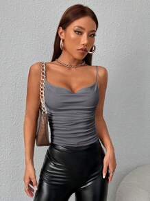 SHEIN PETITE Solid Ruched Cami Top - Dark Grey - View 3