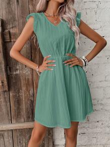SHEIN Frenchy 素色荷葉邊A字洋裝 - 綠色 - 查看 1
