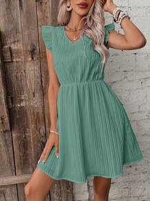 SHEIN Frenchy 素色荷葉邊A字洋裝 - 綠色 - 查看 3