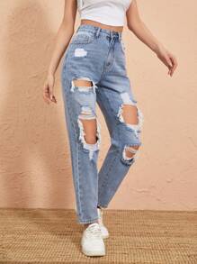 SHEIN Unity 破洞牛仔褲 - 中等水洗藍 - 查看 6