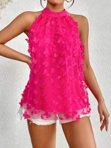 SHEIN VCAY Loại bướm Đèn treo tường Lỗ khóa trở lại Halter Neck Áo sơ mi - Màu Hồng Tươi - Xem 4