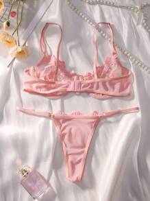 Set de lencería con encaje floral con aro - Rosa - Ver 2