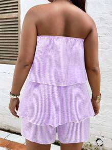 SHEIN LUNE con estampado de rayas Top bandeau & Shorts - Morado - Ver 2