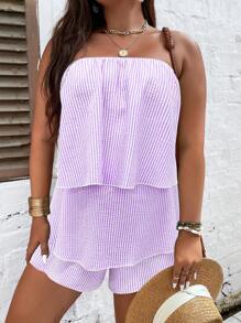 SHEIN LUNE con estampado de rayas Top bandeau & Shorts - Morado - Ver 3