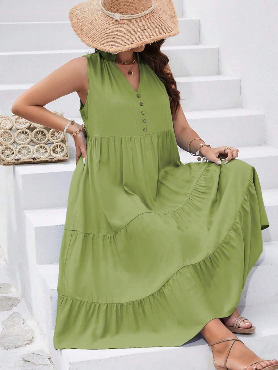 SHEIN VCAY Plus Button Front Ruffle Hem Smock Dress - Mint Green - View 1