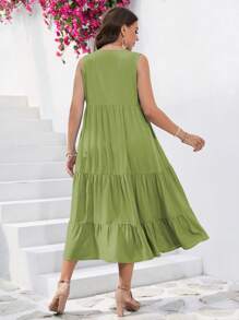 SHEIN VCAY Plus Button Front Ruffle Hem Smock Dress - Mint Green - View 2