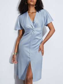 BizChic Twist Front Split Thigh Dress Workwear - Baby Blue - View 2