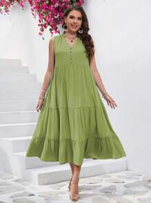 SHEIN VCAY Plus Button Front Ruffle Hem Smock Dress - Mint Green - View 4