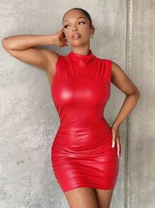 SHEIN SXY Vestido ajustado de cuello alto fruncido PU - Rojo - Ver 1