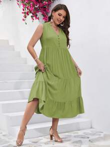 SHEIN VCAY Plus Button Front Ruffle Hem Smock Dress - Mint Green - View 5
