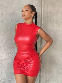 SHEIN SXY Vestido ajustado de cuello alto fruncido PU - Rojo - Ver 5