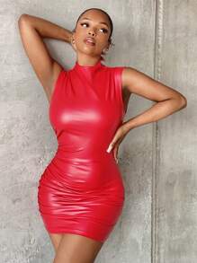 SHEIN SXY Vestido ajustado de cuello alto fruncido PU - Rojo - Ver 6