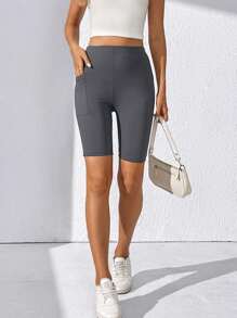 SHEIN Tall Chất rắn Quần short đi xe Có túi điện thoại - Màu xám đen - Xem 4