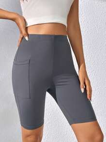 SHEIN Tall Chất rắn Quần short đi xe Có túi điện thoại - Màu xám đen - Xem 5