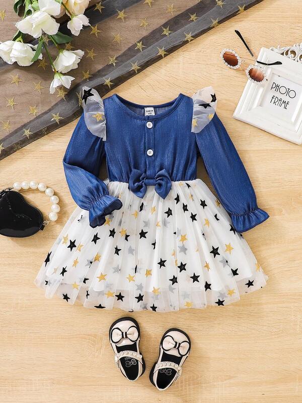 SHEIN 女嬰星星印花荷葉邊荷葉袖前蝴蝶結網紗覆蓋連衣裙