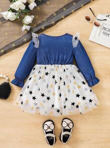 SHEIN 女嬰星星印花荷葉邊荷葉袖前蝴蝶結網紗覆蓋連衣裙 - 藍白色 - 查看 2