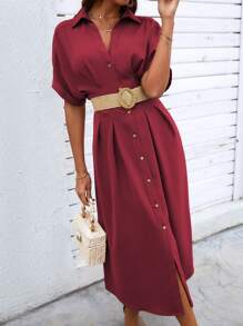 SHEIN Clasi 素色前紐扣襯衫連衣裙不附腰帶