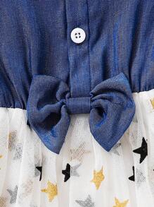 SHEIN 女嬰星星印花荷葉邊荷葉袖前蝴蝶結網紗覆蓋連衣裙 - 藍白色 - 查看 4