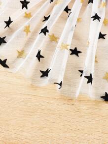 SHEIN 女嬰星星印花荷葉邊荷葉袖前蝴蝶結網紗覆蓋連衣裙 - 藍白色 - 查看 7