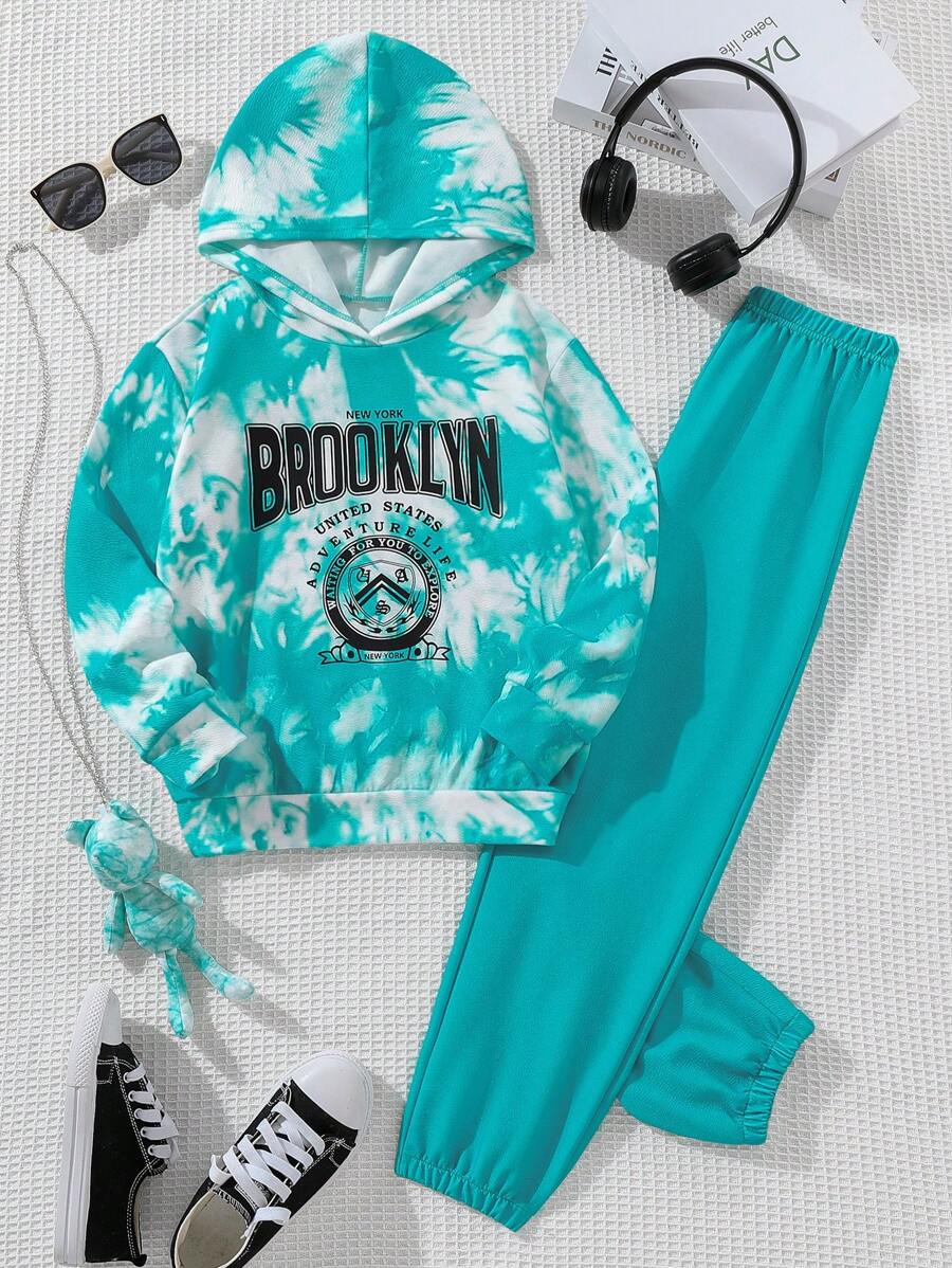 SHEIN 女大童紮染字母圖案連帽衫和運動褲 - 彩色 - 查看 1