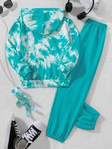 SHEIN 女大童紮染字母圖案連帽衫和運動褲 - 彩色 - 查看 2