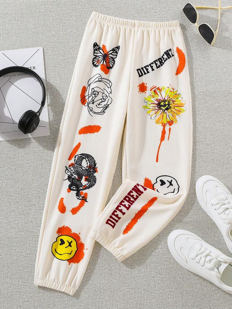 Tween Girl Cartoon & Letter Graphic Sweatpants